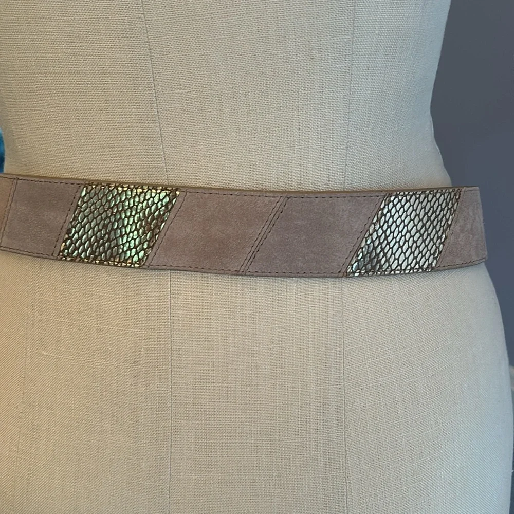 White House Black Market tan suede and gold snakeskin patchwork leather belt